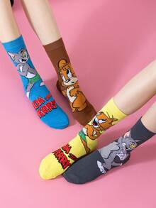 OBM Sleepwear X TOM & JERRY 4双猫鼠卡通图案男士中筒袜，可爱趣味设计，透气吸湿，适合学生/成人穿着，男女皆宜的夏季休闲袜，情侣礼物 - 彩色 - 查看 4