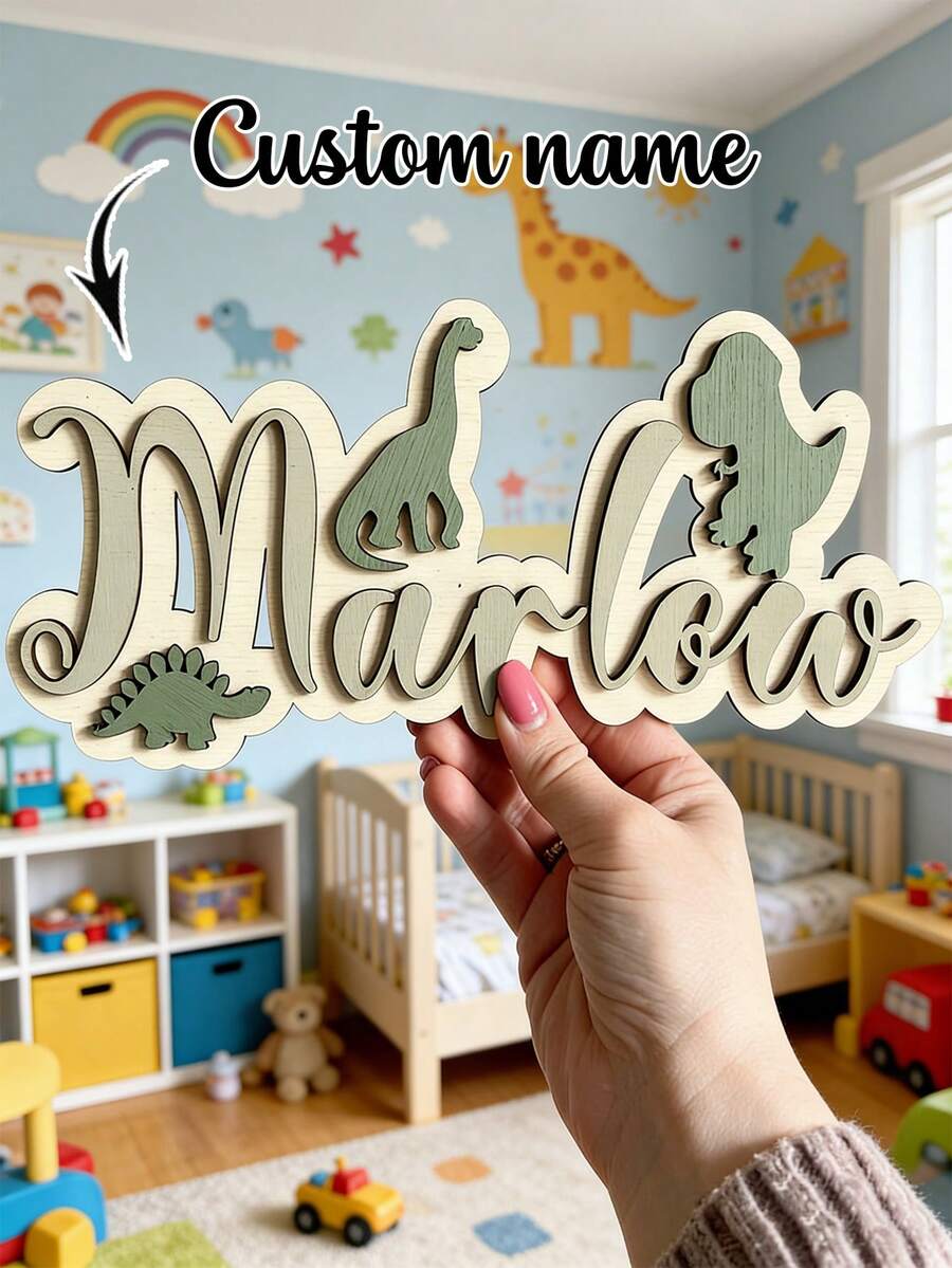 1pc Personalized Dinosaur Name Plate - Wooden Baby Room Decor - Boy's Dinosaur Sign - Dinosaur Bedroom Decoration - A Gift For Dinosaur Enthusiasts - Màu xanh hải quân - Xem 1
