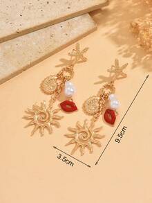1 Pair Beach Vacation Style Starfish, Sun, Lips Mixed Pendant Earrings, Fashionable And Cute Jewelry Accessories Suitable For Daily Wear, Beach Dates And Parties - Gold - View 4