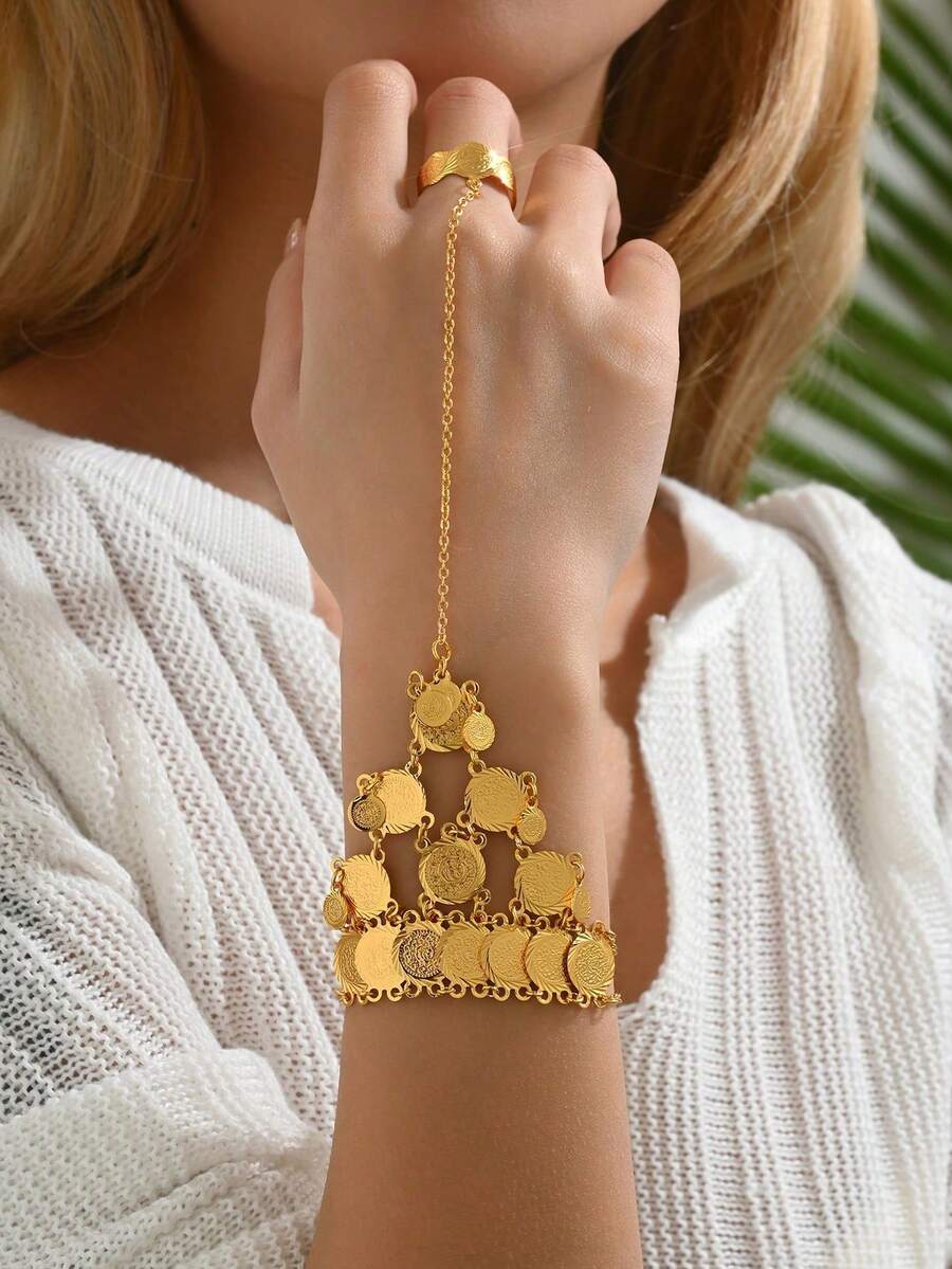 1pc Vintage Personalized Versatile Hollow Carved Multi-Layer Connected Finger Coin Back Hand Bracelet For Women