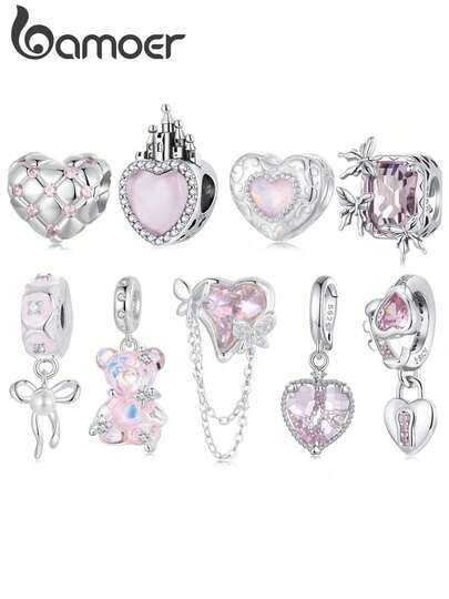 bamoer 1pc 925 Sterling Silver Dreamy Princess Bow Teddy Bear Pendant With Pink Sweetheart Beads, Suitable For Women/Girls DIY Bracelet Jewelry Making