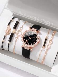 Women's Fashion Pu Leather Strap Quartz Wristwatch & Bracelet Set With Rhinestone Petal Design Dial (6pcs/Set) Holiday As A Gift For Students Returning To School - Black - View 7