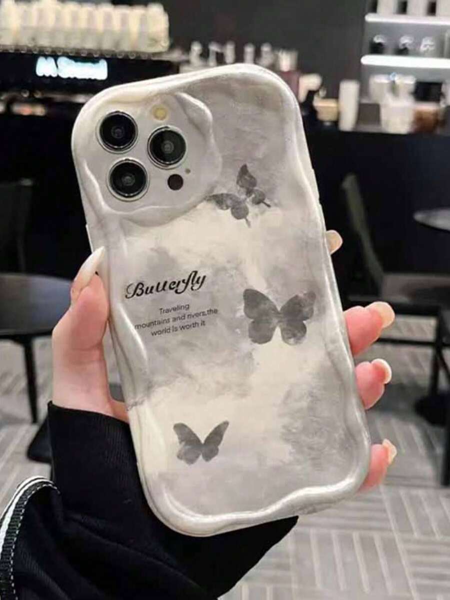 1pc Gray Butterfly Text UV Printed Pattern Design Cream Texture Phone Case, Suitable For IPhone XR 11 12 13 14 15 16 Plus 17 Pro Max Air Series, Durable And Fashionable Design, Full Camera Protection, Good Grip, Protective - Multicolor - View 1