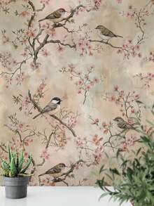Elegant Chinoiserie Cherry Blossom Wall Mural Soft Pastel Birds & Flowers Botanical Wallpaper - 1PC - View 3