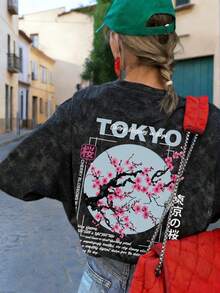 夏季新款简约时尚樱花印花休闲圆领扎染短袖T恤，百搭时尚女式上衣，黑色 - 黑色 - 查看 7