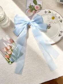 1pc Blue Mesh Super Large Double-Layer Shiny Ribbon Bow Hairpin With Spring Clip, Elegant And Gentle Spring Hair Accessory - Light Blue - View 2