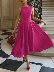 Elegant French Romantic Backless Hollow-Out Cinched Waist Sexy Charming Maxi Dress, Burgundy, Suitable For Christmas, Holiday Party, Date - 玫紅色 - 查看 2