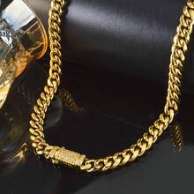 1pc 18K Gold Plated Stainless Steel 60cm Cubic Zirconia Square Clasp Cuban Link Chain Necklace, Luxury Elegant Daily Wear, Party & Street Fashion For Men - Gold - View 5