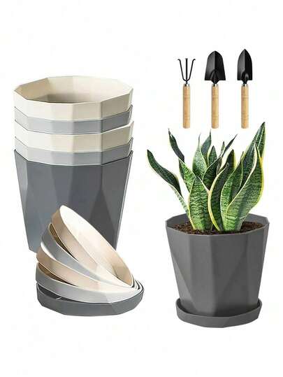 Juego de 6 macetas pequeñas de plástico con regadera, fabricadas en plástico para interiores, con orificios de drenaje y platillo, adecuadas para plantas de interior.