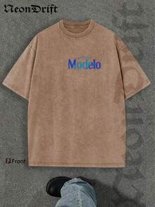 Y2K Style, Cool  UFO Elements, Outdoor Sports Vibe, Modern Street Style, Fashionable Pure Cotton Vintage Washed T-Shirt With Loose Fit, Unisex Design. A Perfect Surprise Gift For Family And Friends. Features Dropped Shoulder Sleeves + Crew Neck, Made Of High-Quality Batik Cotton, A Retro Fashion Brand T-Shirt. With Moderate Thickness, It's Ideal For Summer Wear And A Top Choice For Holiday Gifting. - 摩卡棕 - 查看 2