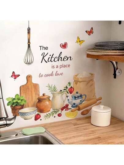 1pc Cartoon Kitchen Utensil English Slogan Wall Sticker, Self-Adhesive Removable PVC Material, Adds Fun Accent To Kitchen Or Dining Room, Suitable For Cabinet Doors, Food Storage Or Sink Area, Easy Organization, Instantly Upgrades Kitchen Charm, Simple To Apply