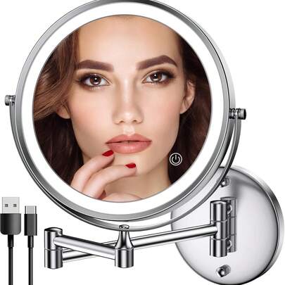 Gương trang điểm LED sạc được 8 inch, độ phóng đại 1X/10X, đèn nền 3 màu, xoay 360° và có thể gập lại.