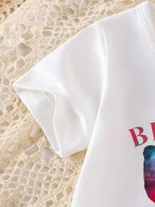 2pcs Baby Girl Set: Bow Letter Print Round Neck Short Sleeve T-Shirt Top And Bow Print Denim Long Pants Outfit - White - View 4