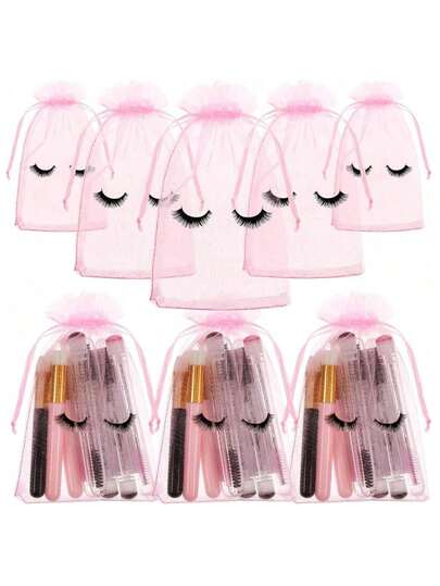 5/10/20/30pcs Eyelash Care Bag, Eyelash-Printed Cosmetic Bag, Empty Cosmetic Bag, Beauty Gift, Women's Drawstring Organza Cosmetic Bag, Suitable For Cosmetics And Jewelry.