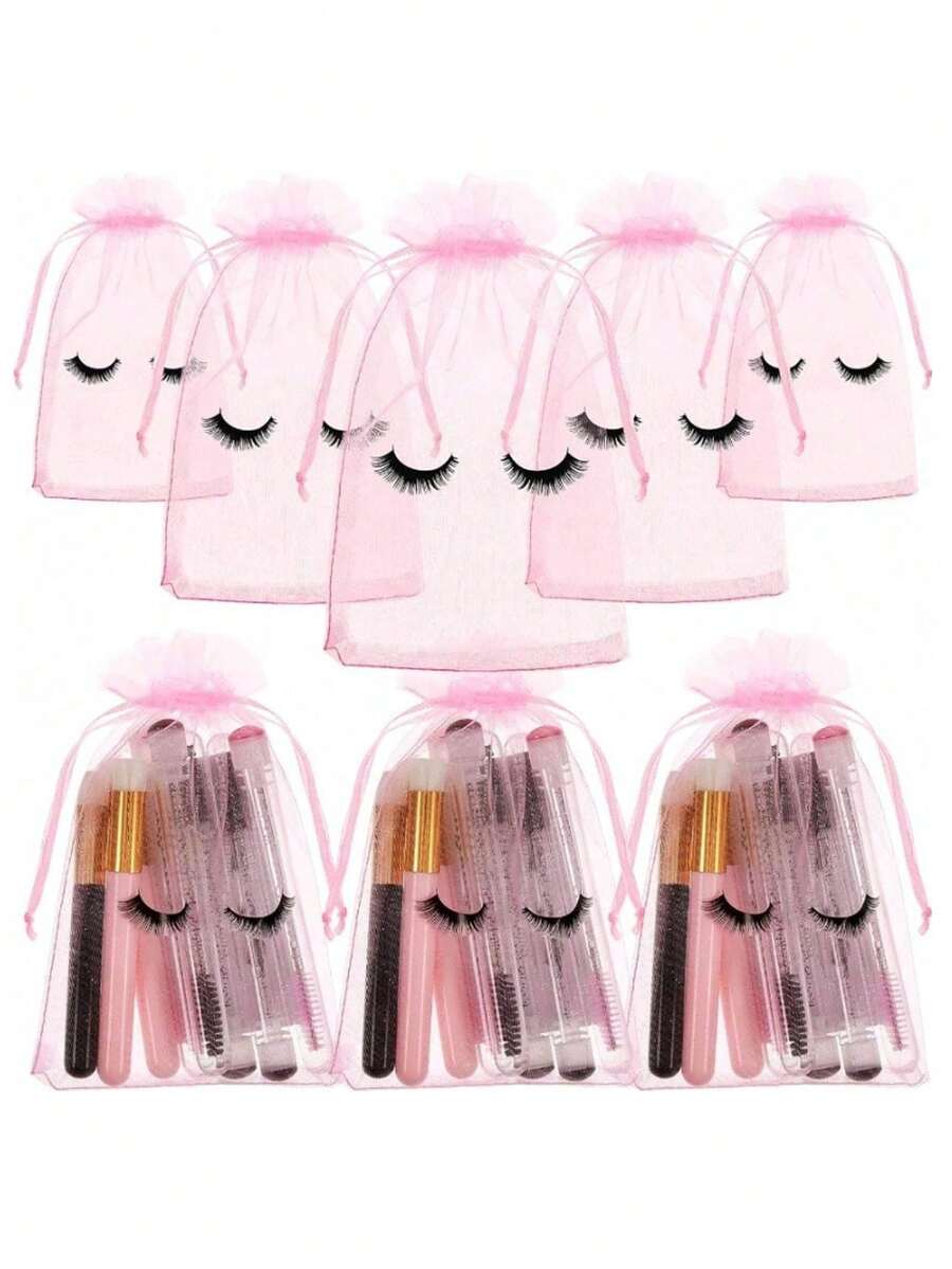 5/10/20/30pcs Eyelash Care Bag, Eyelash-Printed Cosmetic Bag, Empty Cosmetic Bag, Beauty Gift, Women's Drawstring Organza Cosmetic Bag, Suitable For Cosmetics And Jewelry. - Multicolor - View 1