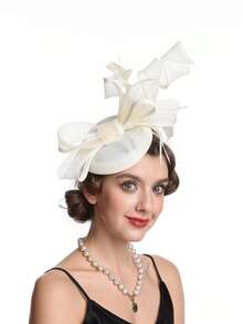 女士羽毛花朵网纱教堂德比礼帽，适合鸡尾酒会、茶会、婚礼等场合，一件装 - 多色 - 查看 13
