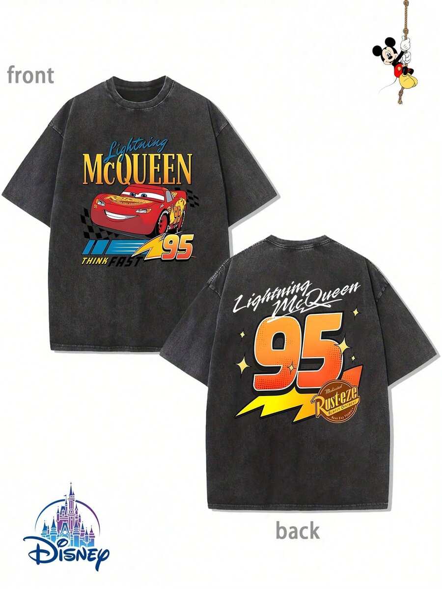 Disney Official Licensed McQueen No.95 Vintage Wash T-Shirt 230g Cotton Crew Neck Drop Shoulder Unisex Tee - 黑色 - 查看 1