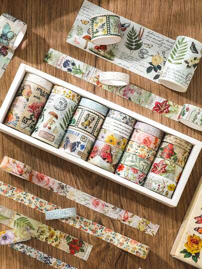 20 Rolls/Box Bright Floral Pattern Washi Tape, Exquisitely Designed In Different Widths, Used For Scrapbooking And Journal Decoration, Stationery Decoration Tape