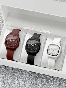 3pcs/Set Women's Silicone Watches, Fashion Casual Square Dial Quartz Wristwatches, Classic (Watch Box Not Included) - Multicolor - View 12
