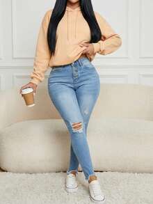 Women's Skinny Ripped Jeans, Medium Stretch Denim, For Everyday Commuting - Blue - View 1