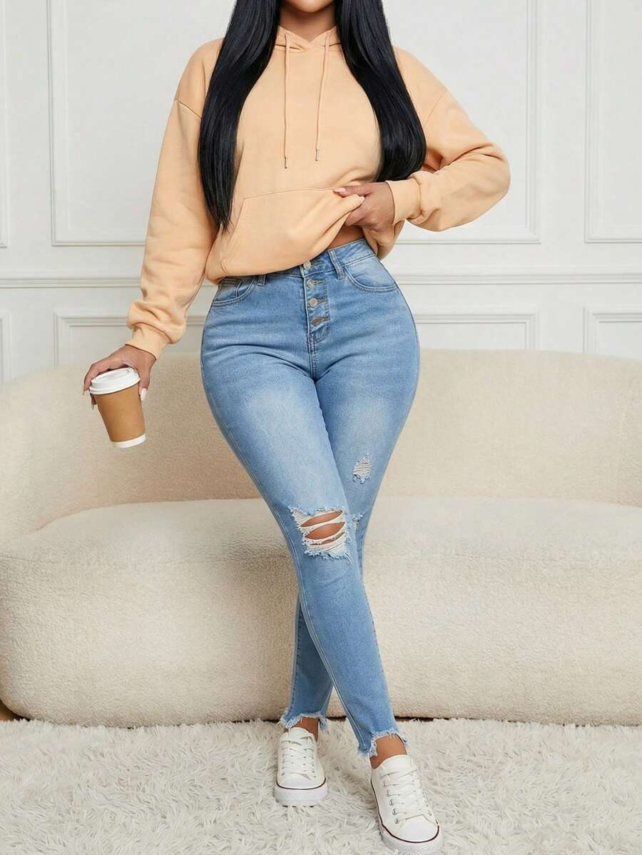 Women's Skinny Ripped Jeans, Medium Stretch Denim, For Everyday Commuting - Blue - View 1