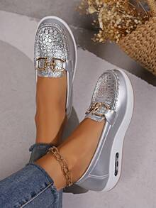 女士厚底运动鞋，春夏时尚，皮革鞋面摇滚乐福鞋，质感十足，休闲坡跟设计 - 銀色 - 查看 3