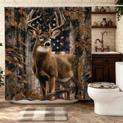 ستارة دش بتصميم غزال الغابة والعلم الأمريكي، غزال عظيم مع قرون في خلفية غابة الخريف والعلم الأمريكي، ستارة حمام مقاومة للماء وسريعة الجفاف من البوليستر، ديكور حمام وطني ريفي، ستارة حمام بطبعة غزال بأسلوب أمريكي، ستارة حمام مقاومة للعفن وقوية، ديكور حمام وطني ريفي أنيق، ستارة حمام مميزة لعشاق الحياة البرية