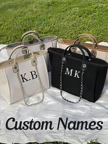 定制浅灰色/米色字母帆布手提包，字母手提包，沙滩包，新娘/生日礼物，链条手提包，夏季款，女士个性化链条字母帆布手提包，书包/大学背包，适合学生、毕业典礼、商务/通勤/工作/办公，学习用品，适合青少年、初中生、高中生、大学生、大一、大二、低年级学生，时尚秋季款，都市休闲风 - 彩色 - 查看 2