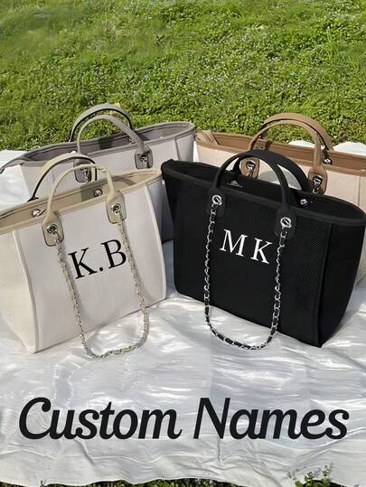 Custom Light Grey, Beige Monogram Canvas Tote Bag, Initial Handbag, Beach Bag, Bride & Birthday Gift, Chain Tote Bag Summer, Personalised Chain Monogram Canvas Tote Bag For Women, School Bag/College Backpack For School, For Graduation, For Business/Commute/Work/Office, School Supplies, For Teenagers, Junior High School Students, Middle School Students, High School Senior High School Students, College Students, University Students, Freshman, Sophomore, Underclassmen,Chic Autumn, Urban Chill