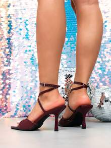 新款夏季时尚漆皮交叉绑带高跟凉鞋，尖头派对礼服鞋 - 酒紅色 - 查看 5