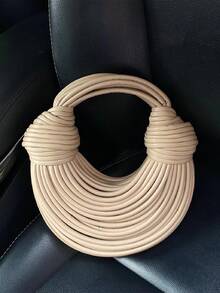 Women's New Luxury Gold Designer Brand Handmade Woven Noodle Drawstring Shoulder Bag & Clutch, Fashionable & Unique, Gift For Her - Khaki - View 3