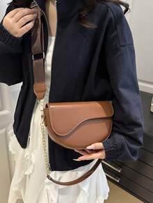 1pc Fashionable Solid Color Minimalist Flap Mini Shoulder Bag, Suitable For Women's Daily Use And Gifts - Brown - View 2