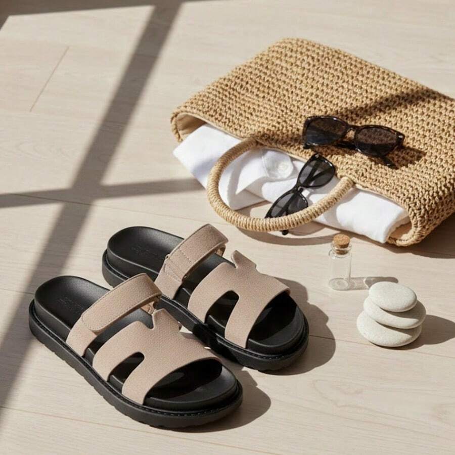 Women's Adjustable H-Logo Slide Sandals, Fashionable Spring Slippers - Khaki L517 - View 1
