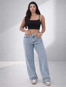 Women's Light Blue Wide Leg Jeans, Light Wash, Streetwear Fashion Y2K - Rửa nhẹ - Xem 2