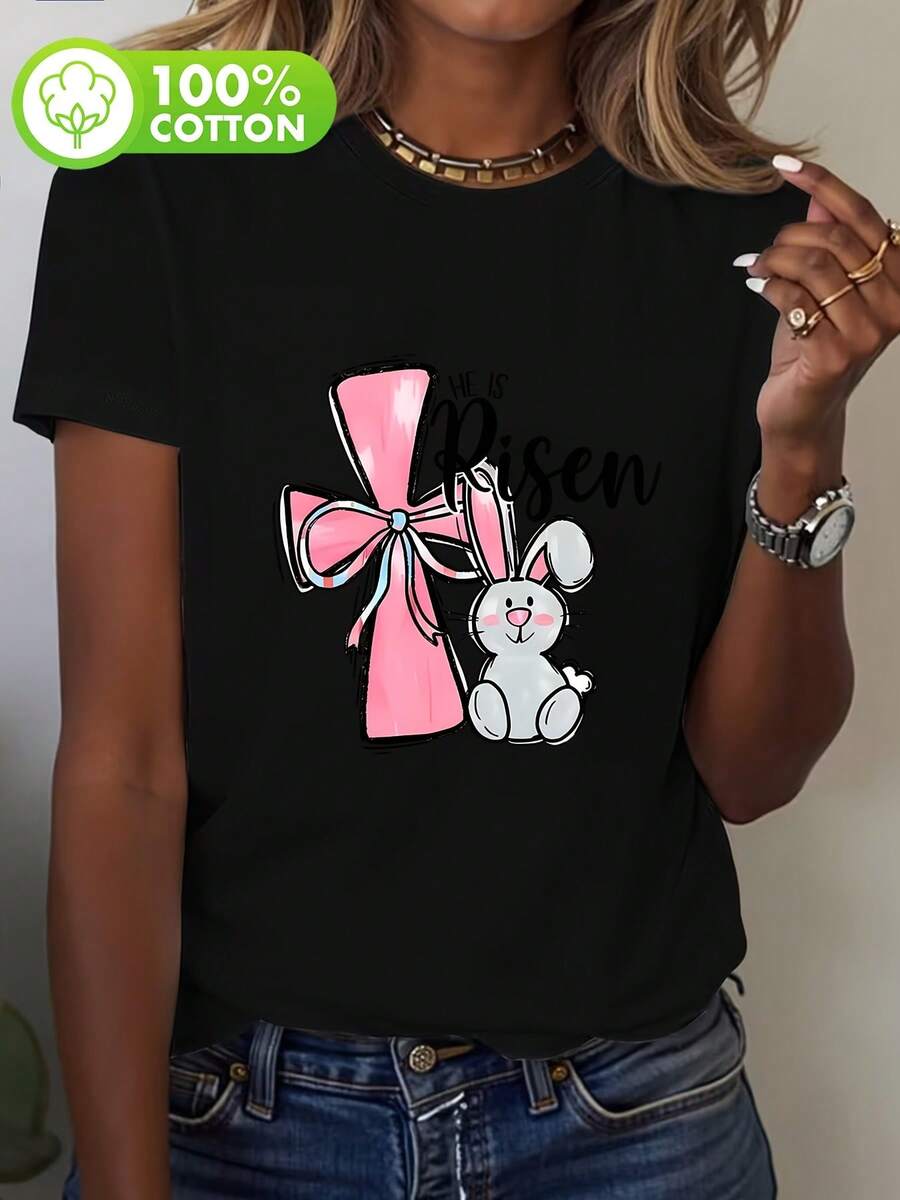 Camiseta Casual De Mujer 100% Algodón, Cuello Redondo, Estampado De Conejo Temático De Pascua, Transpirable Para Primavera/Verano/Otoño, Lavable A Máquina, Ideal Para Ropa Deportiva Casual, Camiseta De Manga Corta Pura, Top De Cuello Redondo Para Mujer - [Negro] - Ver 1