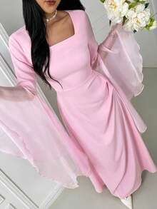 女士粉色方领喇叭袖褶皱优雅连衣裙，奢华卡夫坦长袍/阿巴雅长袍，婚礼派对礼服，婚礼宾客服装，夏季度假服装 - 粉色 - 查看 5