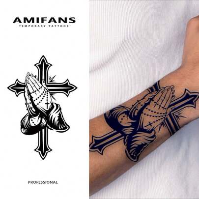AMIFANS Temporary Tattoo Praying Hands & Cross, Semi Permanent Tattoo,Lasting 1-2 Weeks Tattoo, Long Lasting Tattoo, Juice Tattoo, Realistic Tattoo, Romantic Tattoo, Fake Tattoo, Waterproof, Authentic Tattoo Look, Niche Design Tattoo, Fruit Tattoo, Plant-Based Tattoo