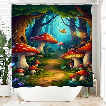 1pc Mushroom Forest Shower Curtain, Made Of Polyester, Waterproof, Non-Blackout, Suitable For Home And Bathroom Decor, Comes With 12 Hooks