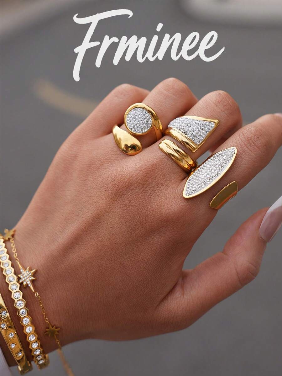 Frminee 3 قطع/قطعة واحدة خاتم فاخر أنيق مرصع بالماس ذهبي لامع من الفولاذ المقاوم للصدأ، مناسب للمناسبات والحفلات والأعياد والمناسبات اليومية، هدية مثالية للأصدقاء - الذهبي - مشاهدة 1