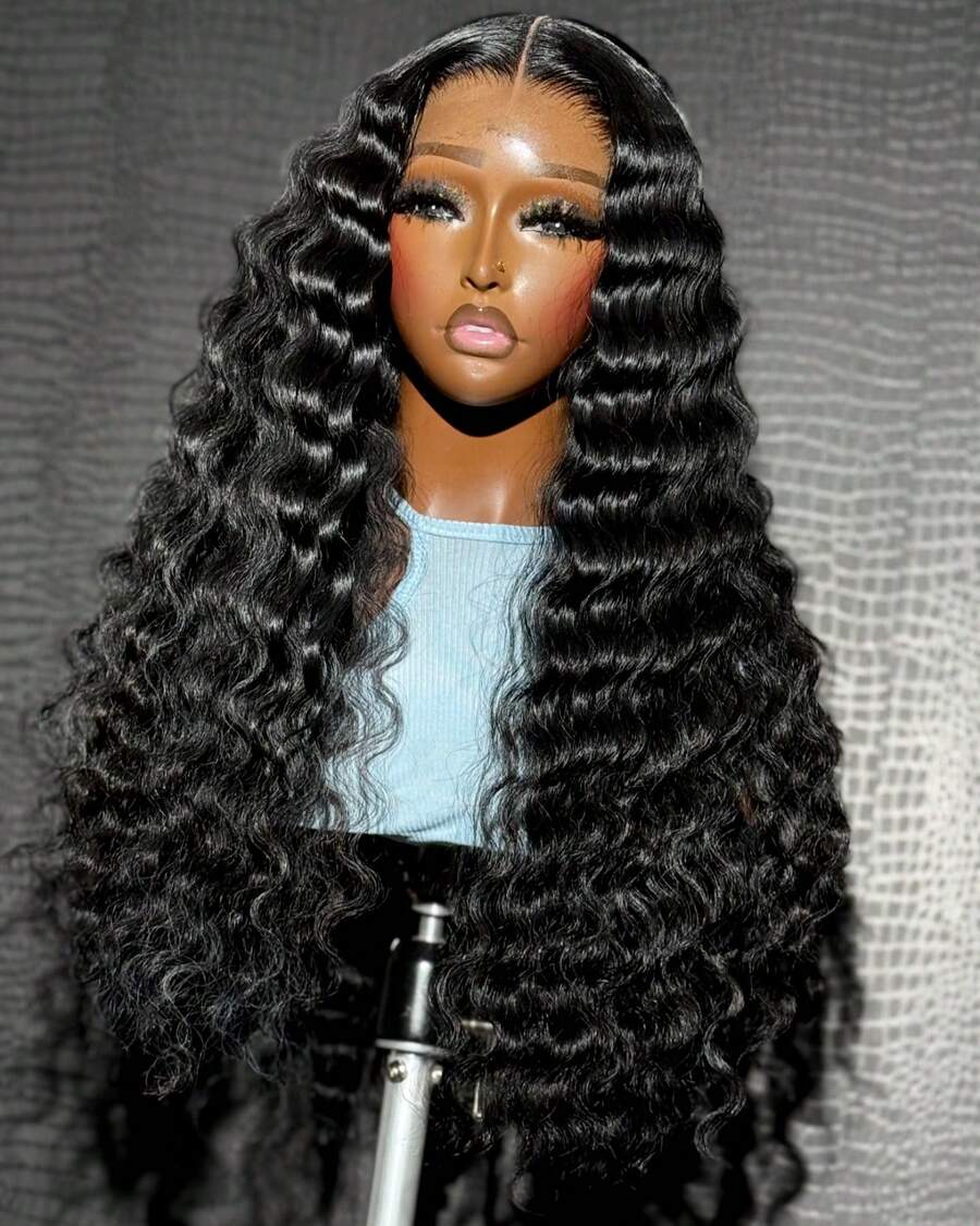 250% Density 38 40 Inch Deep Wave Lace Front Wigs Human Hair 13x4 HD Lace Front Wigs Human Hair 5x5 Glueless Pre Plcked Curly Human Hair Wig For Women With Baby Hair 13x6 Transparent Lace Front Wet And Wavy Wig Natural Color - Natural Black - 查看 1