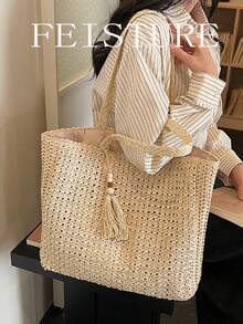 1pc FEISTURE Large Capacity Fringed Woven Shoulder Beach Bag, Travel Straw Bag, Spring/Summer - White - View 2
