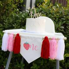 1件草莓主题手工编织一周岁生日高脚椅横幅，波西米亚风草莓木珠流苏花环，一周岁生日派对装饰，拍照道具，卧室，教室，户外派对装饰 - 彩色 - 查看 9