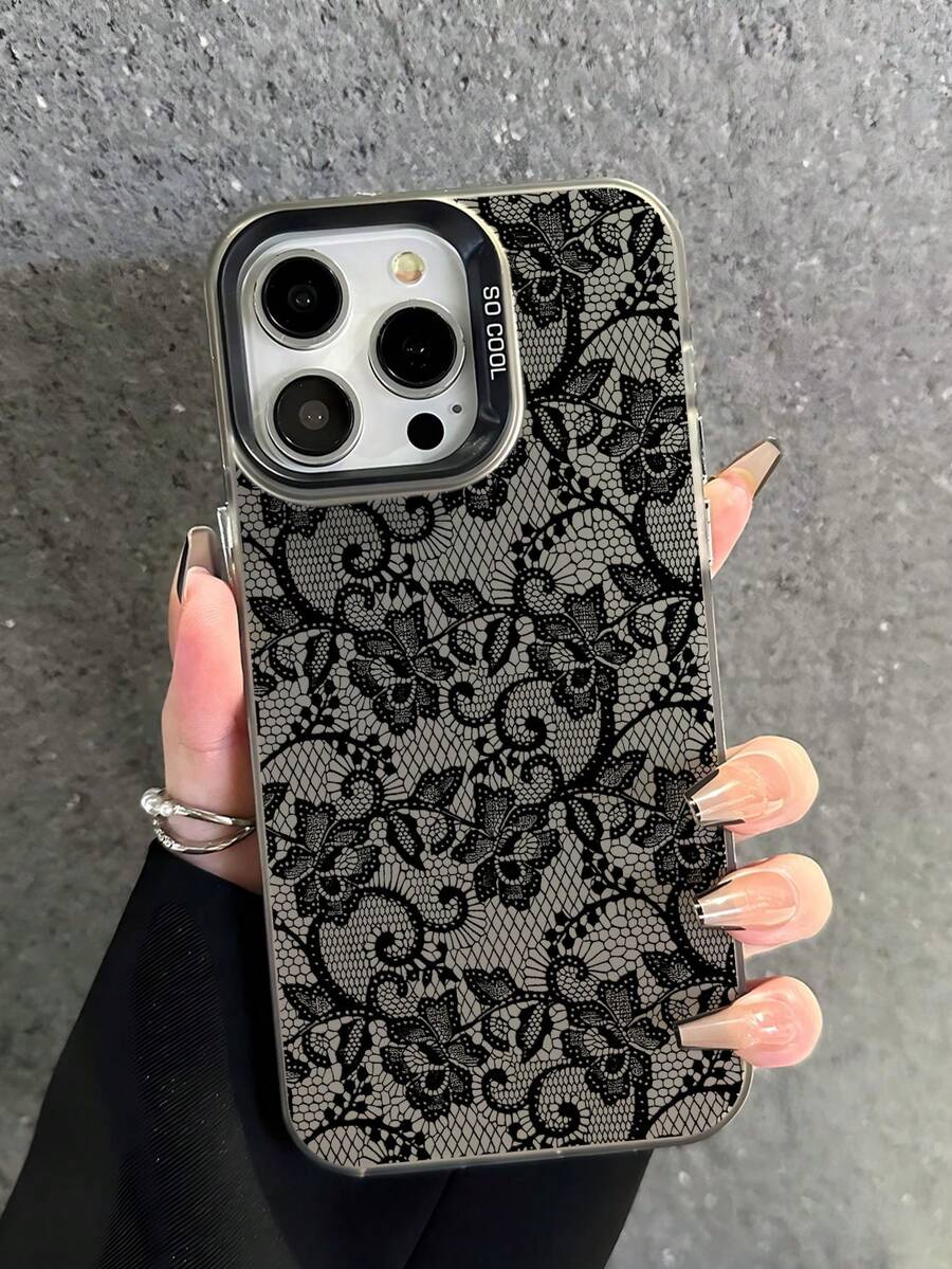 1pc Pastel Romantic Lace Pattern Kawaii Holographic Full Coverage Soft Phone Case For IPhone 11/12/13/14/15/16 Pro Max - Multicolor - View 1