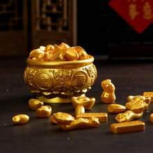 微缩逼真金色财富滚动微景观DIY新年金色饰品，元宝摇钱树装饰，迷你逼真金币，元宝，金条，算盘，如意，花生，大米，福罐，宝罐 - 金色 - 查看 7