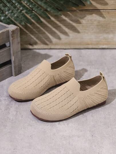 1 Pair Kids Knitted Hollow Striped Flat Round Toe Elastic Slip-On Shoes, Suitable For Boys & Girls, Spring/Summer, Casual Wear, Indoor/Outdoor, Gift, School, Beach