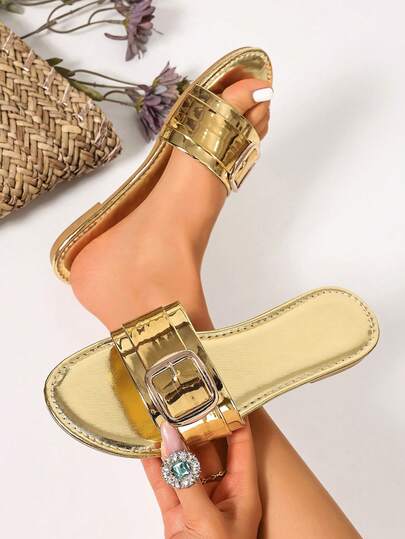 Women's Solid Color Flat Sandals, Elegant Holiday Shoes, Casual Beach Flat Slippers, Fashionable Buckle Easy To Wear Shoes, Versatile Daily Beach Sandals