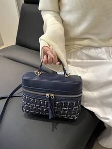 女士羊毛复古手提包/盒子包，新款时尚格子通勤单肩斜挎包 - 藍色 - 查看 6
