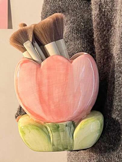 1pc Floral Pattern Makeup Brush Holder, Office Pen Cup, Bedroom Decor Desktop Organizer Box, Halloween & Christmas Gift, Home & Bathroom Decor, Autumn Decor Makeup Organizer, Back To School Gift