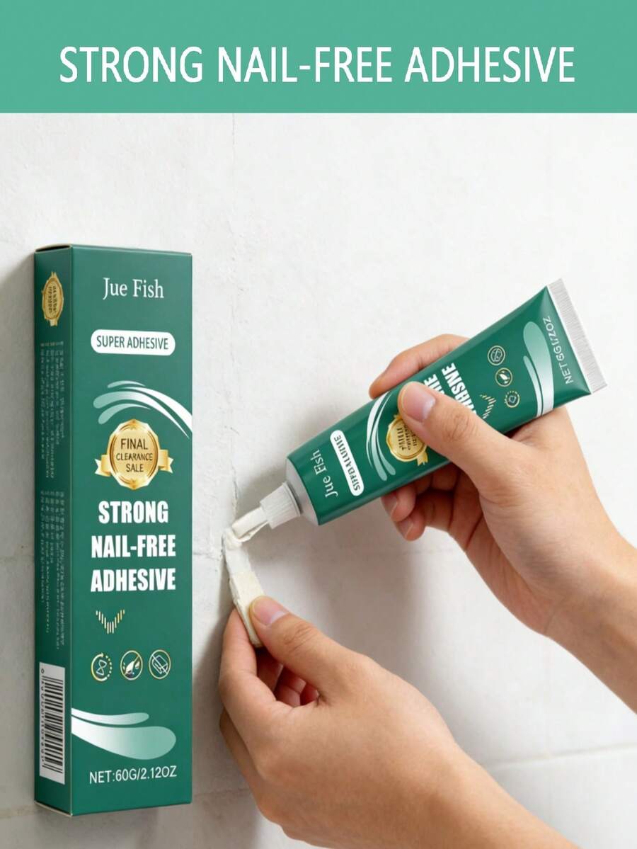 JUE FISH 1pc/60g Household No-Drill Glue, Daily Home Use Fast-Drying Adhesive Suitable For Multiple Surfaces, No Damage To Walls Or Furniture, Strong Bonding, Long-Lasting And Durable, Quick Drying And Setting, Easy To Use, Waterproof And Moisture-Proof, Indoor And Outdoor Universal