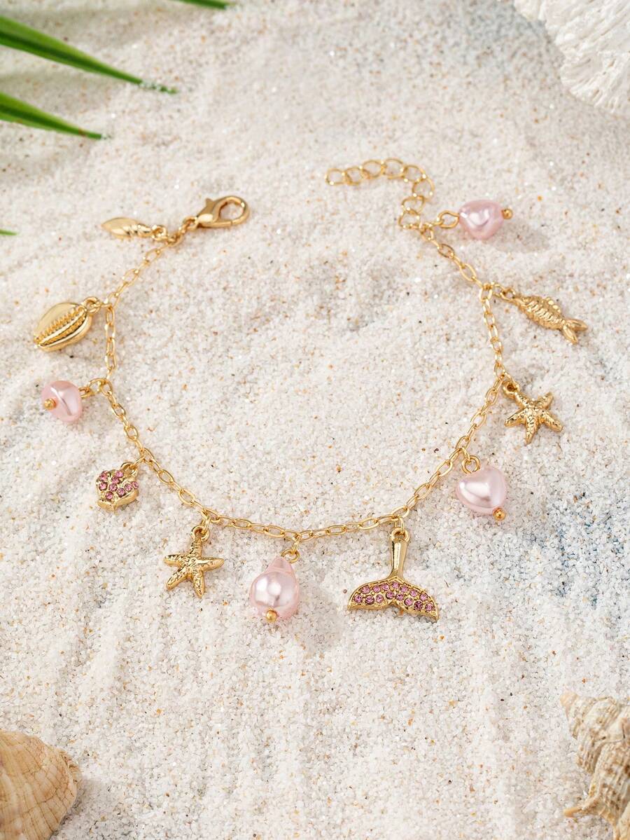 1件贝壳和海星吊坠手链，女士夏季度假风首饰配饰 - 彩色 - 查看 1